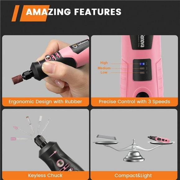 4V Cordless Rotary Tool, 3-Speeds 18000 RPM Rotary Tool w/ 43 Accessories, Pink - Picture 3 of 7
